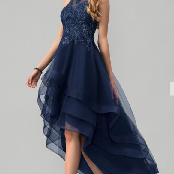 Ball-Gown/Princess Scoop Asymmetrical Tulle Prom Dresses With Beading Sequins - Picture 3 of 3